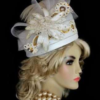 Women's White Gold Sequin Pearl Flower Pillbox Hat