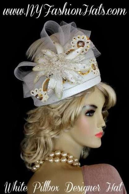 Women's White Gold Sequin Pearl Flower Pillbox Hat