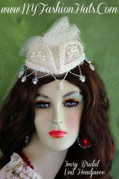 Women's White Satin Beaded Pearl Wedding Veil Headpiece Cocktail Hat