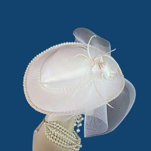 Women's White Satin Pearl Bridal Brides Wedding Hat Dressy Church Hats 44hb