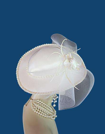 Women's White Satin Pearl Bridal Brides Wedding Hat Dressy Church Hats 44hb